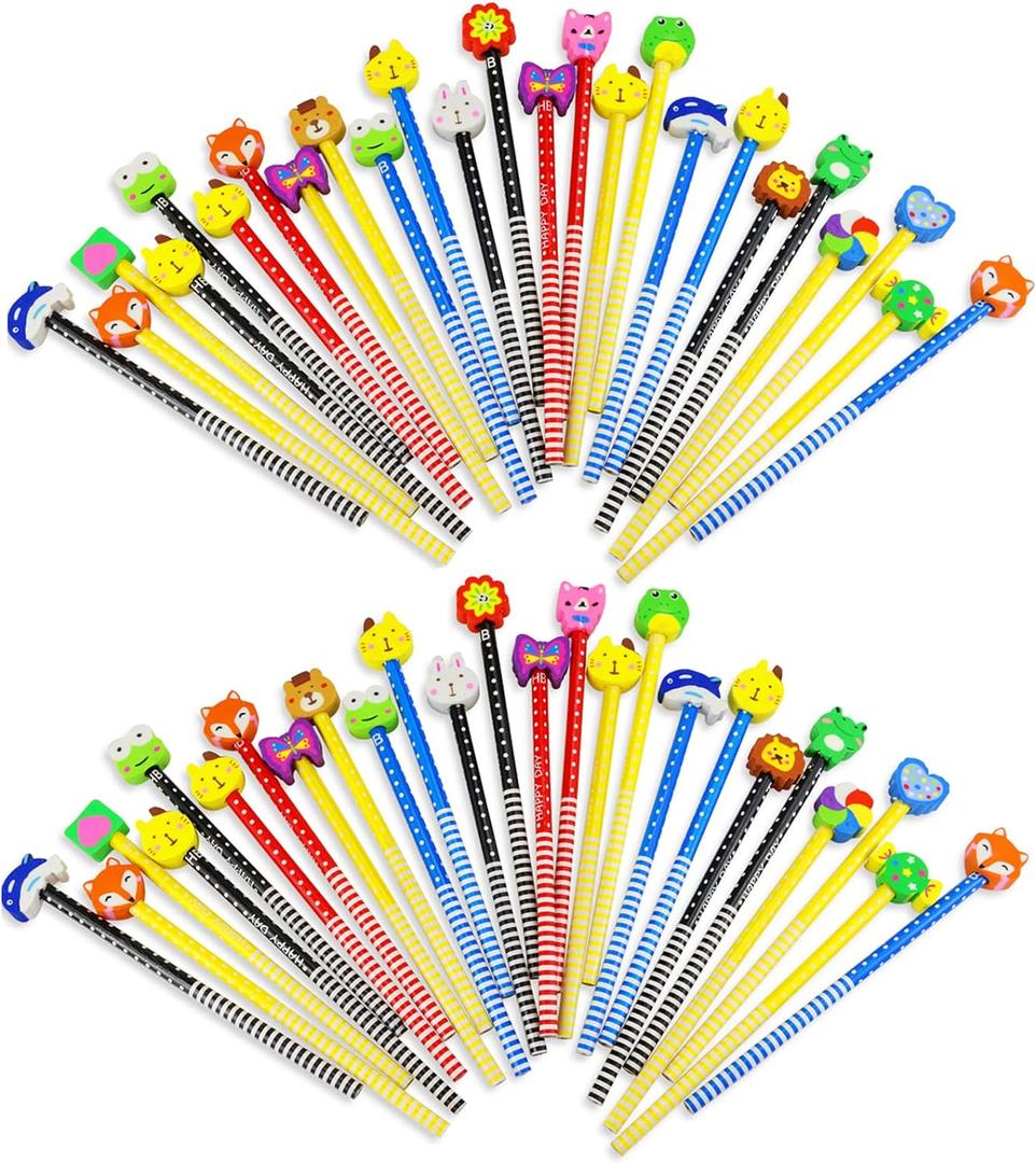 50 Pack Assorted Colorful Cartoon Animal Pencil With Erasers Toppers,Number 2 Fun Pencils For Kids,Bulk Party Favor Supplies for Ages 3-5 Classroom Novelty Design Birthday Gift
