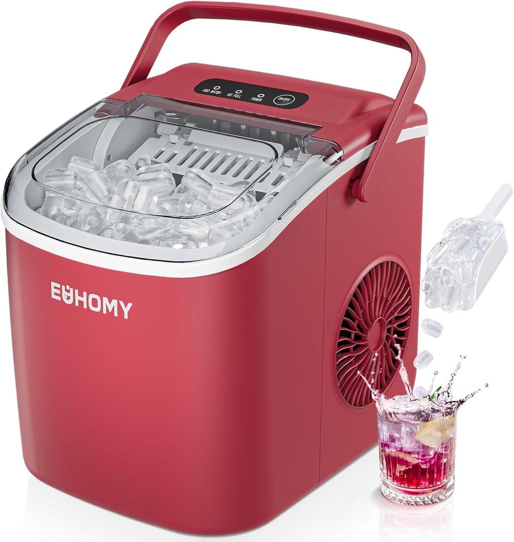 EUHOMY Countertop Ice Maker Machine with Handle, 26lbs Per Day, 9 Ice Cubes Ready in 6 Mins, Auto-Cleaning Portable Ice Maker with Basket and Scoop, for Home/Kitchen/Camping/RV (Red) (11.57"D x 11.42"W x 8.74"H)