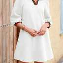 Wenrine Womens 3/4 Sleeve Mini Dress Casual V Neck Collared Textured Loose Fall A Line Argyle Dresses with Pockets (White)