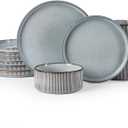 Famiware Star 12-Piece Stoneware Dinnerware Sets, Service for 4 - Handcrafted Reactive Glaze Plates and Bowls, Modern Rustic Dishes, Chip & Scratch Resistant, Microwave & Dishwasher Safe, Smoky Blue