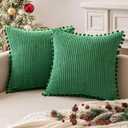 MIULEE Christmas Boho Decorative Throw Pillow Covers with Pom-poms, Soft Corduroy Square Solid Lumbar Cushion Cases for Couch Sofa Bedroom, 18x18 inch Green (18" x 18" (Pack of 2))