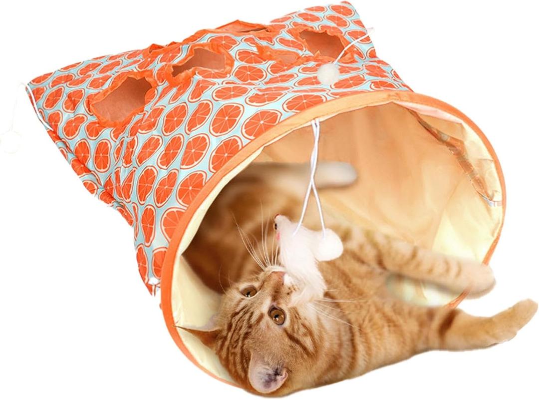 Tookie Cat Tunnel Bag, Orange, Indoor Cat & Hamsters Play Tunnel Toy, Crinkle Sack Bag with 1 Little Mouse & Toy Ball, Collapsible & Portable