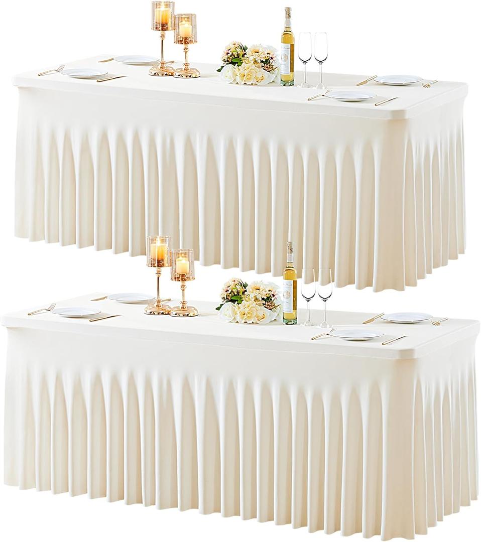 2 Pack Spandex Ivory Fitted Table Cloth for 6ft Rectangle Tables Ivory Stretch Tablecloth Table Covers Banquet Table Clothes Wrinkle Free Table Skirt for Parties Wedding