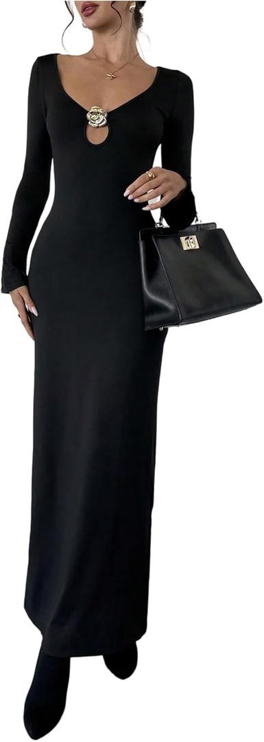 Floerns Women's Long Sleeve Round Neck Metal Bodycon Dress Small