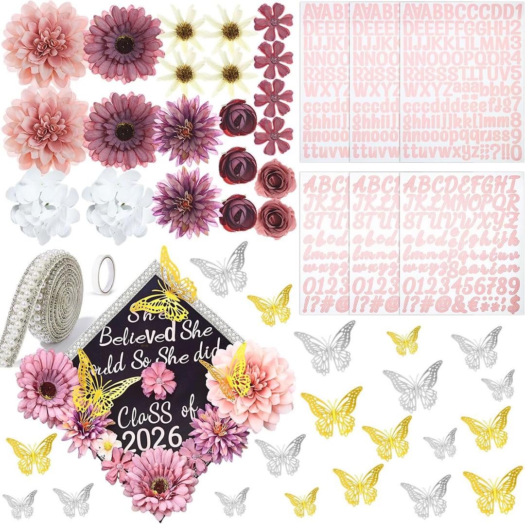 Wavwavw 53 Pcs DIY Graduation Cap Decorations Kit, Grad Cap Topper Include Faux Assorted Flowers 3D Butterfly Self Adhesive Pearl Stickers Glitter Alphabet Letter Decals for Party Decor(Dusty Pink)