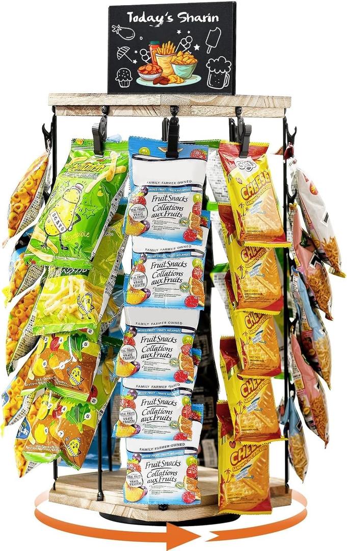 Pinzoveco Chip Rack Display Stand, 5 Tiers 40 Clips Snack Organizer for Office Desk, 360° Rotating Wooden Base Chip Holder Candy Display for Concession Stand, Countertop, Party, With Message Board