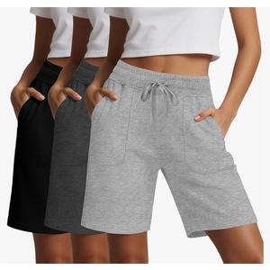 Riyiper 3 Pack Women's Bermuda Athletic Shorts High Waist Drawstring Sweat Knee Length Bottoms with Pockets,3XL, Black, Dark and Light Gray 