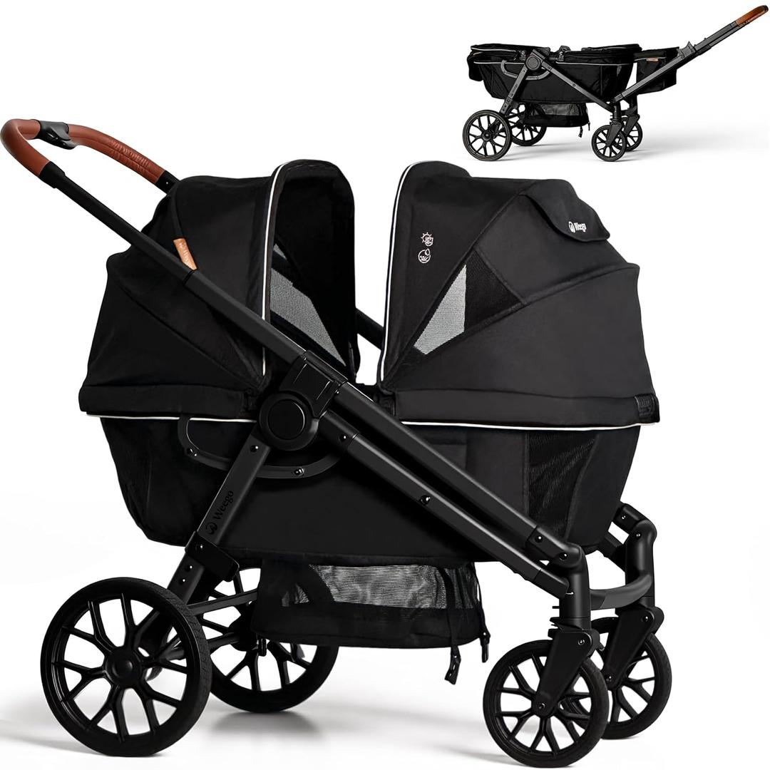 Wagon Stroller for 2 Kids, All-Terrain with Removable UV-Protection Canopy , Adjustable Push/Pull Handle, Snack Tray & Cup Holders, Perfect for Baby and ToddlerBlack)