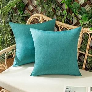 Woaboy Set of 2 Outdoor Waterproof Throw Pillow Covers Decorative Farmhouse Linen Pillowcases Solid Cushion Cases for Patio Tent Balcony Couch Sofa Livingroom Turquoise 20x20 inch