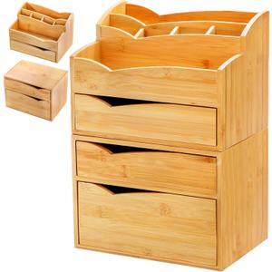 Yopay 2 Pack Bamboo Desk Organizer, Stackable Desktop Organizers with 3 Drawers, Bamboo Office Tabletop, Countertop Organization for Stationery, Makeup Vanity, Fully Assembled