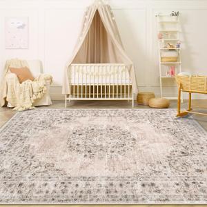 Area Rug 4x6 Vintage Rug: Washable Indoor Medallion Rugs Low Pile Distressed Floor Carpet Retro Accent Rug for Living Room Bedroom Kitchen Dining Table Home Office(Distressed Brown, 4'x6')