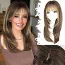 Wig with Bangs for Women Brown Blonde Highlight Straight Face-Framing Layers Hairstyle 4x4 Realistic Scalp Glueless Synthetic Wigs Medium Length for Everyday Use