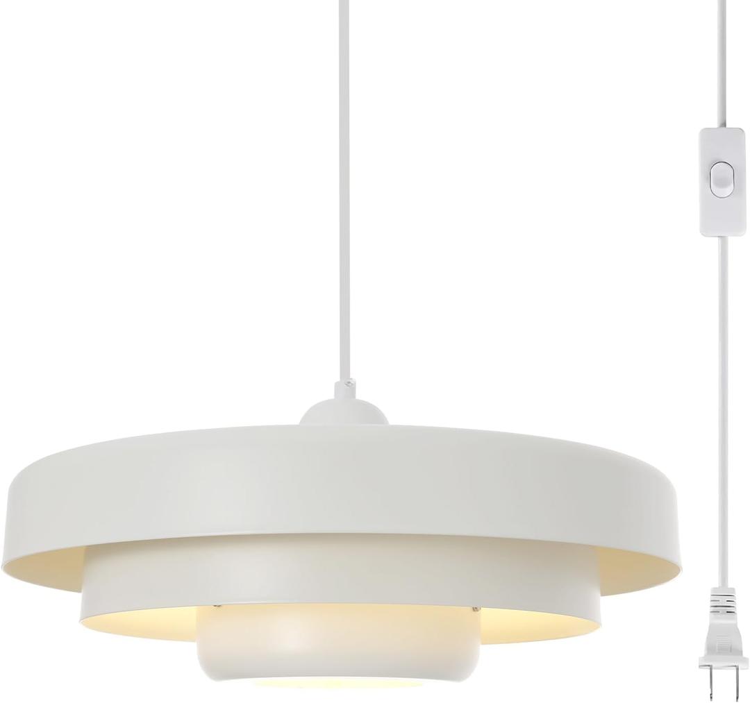 Mid Century Modern Large Oversized Plug in Pendant Light Fixture 17.7" Vintage Ceiling Hanging Lamp with 3-Layer Metal Shade Hanging Lights with Plug in Cord for Kitchen Island