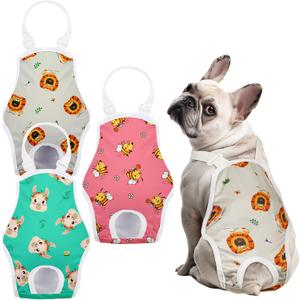 3 Pack Washable Female Dog Diaper with Adjustable Suspender, Reusable Doggie Period Panties for Heat, Fixed Onesie for Active Dogs, Absorbent Leakproof XS