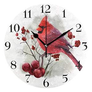 susiyo Watercolor Red Cardinals Bird Wall Clock 9.8 Inch Silent Round Wall Clock Battery Operated Non Ticking Creative Decorative Clock for Kids Living Room Bedroom Office Kitchen Home Decor