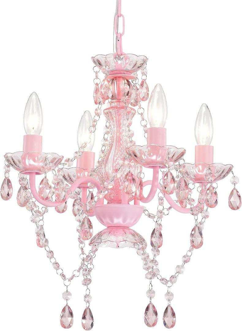 LaLuLa Mini Chandelier with Acrylic Crystals Pink Chandelier 4 Light Modern Chandeliers for Bedroom and Girls Room