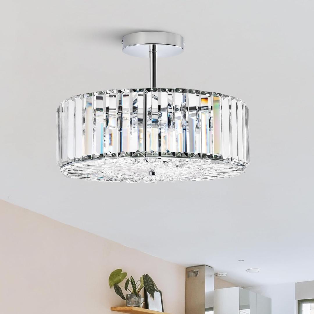 VONLUCE Crystal Light Fixture, Modern Semi Flush Mount Ceiling Light, 15" Round 4-Light Crystal Chandelier Hallway Lighting for Kitchen Bedroom Living Room Dining Room Entryway Closet, Nickel