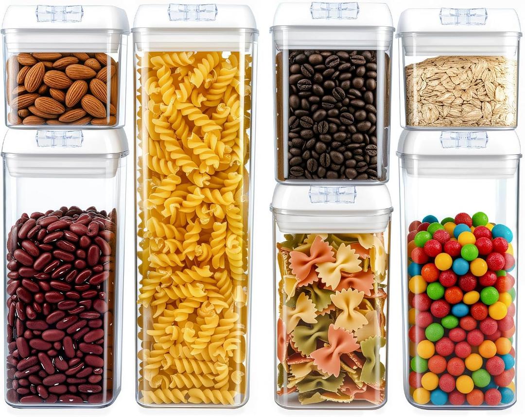 Airtight Food Storage Containers with Lids 7 pcs Plastic Kitchen and Pantry Organization Canisters for Cereal, BPA Free Kitchen Canisters for Spaghetti, Pasta, Dry Food, Flour and Sugar, Tall, Medium, Small, Mini