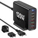 European USB C Charger Station Fast Charging Hub Europe Travel Power Adapter Multiple 6 Multi Port 120W GaN PD QC Block EU UK US Plug for Apple iPhone Samsung Pixel 65W Laptop MacBook Pro Air Surface