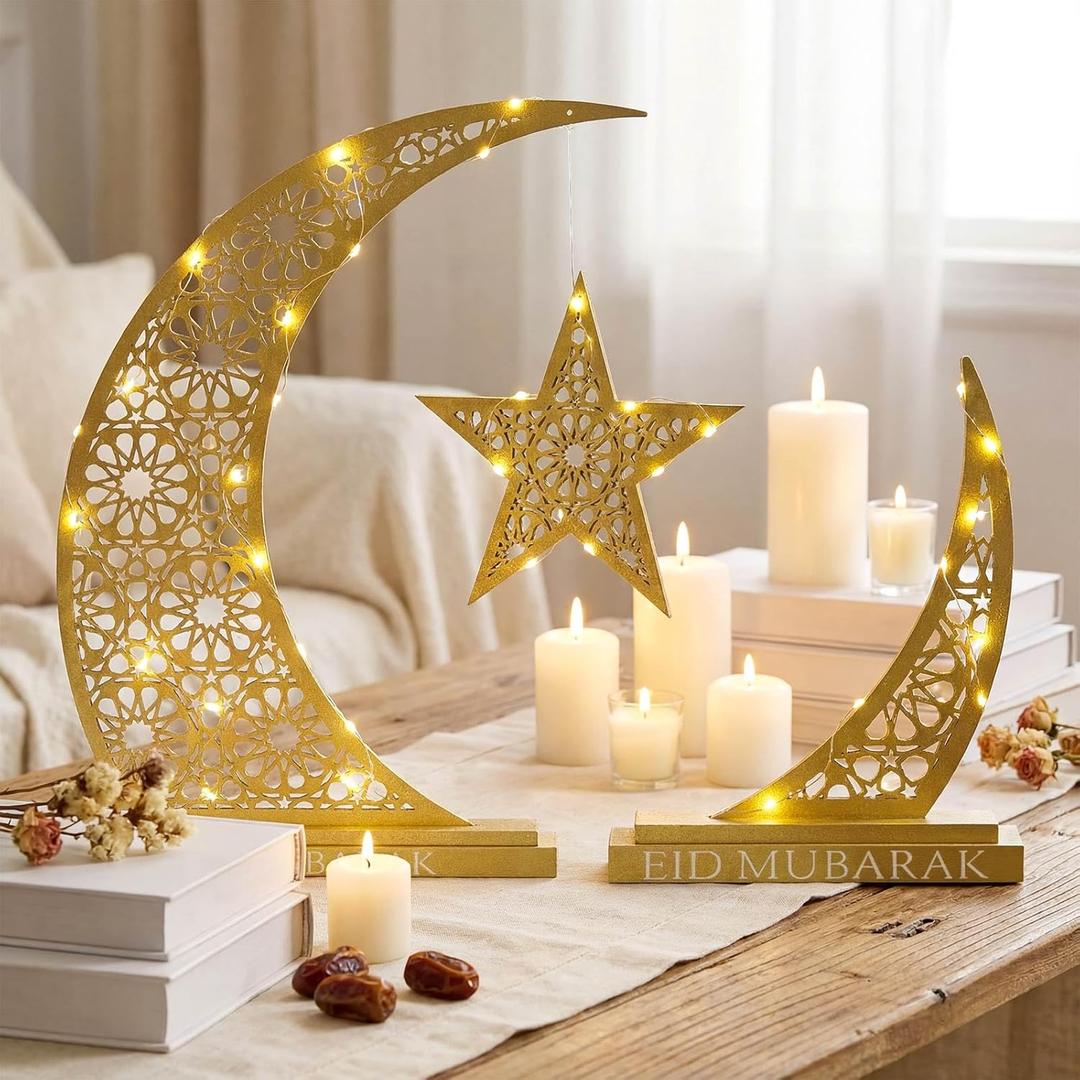 Wesiti 2 Pcs Islamic Gifts for Muslim Eid Mubarak Wooden Table Decoration Islamic Ramadan Gift Ramadan Crescent Lamp with Moon Star Centerpiece for Mubarak Eid Decor Muslim Holiday Celebration