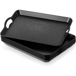 6 Pcs Serving Trays with Handles Trays for Eating 16 x 11 Inch Multi Purpose Plastic Tray Rectangular Anti Skid Decorative Food Tray for Restaurant Breakfast Countertop Party Kitchen (Black)
