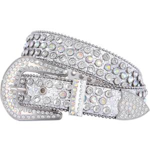 FIORETTO Men Women Rhinestone Belt Bling Western Studded Leather Belt Shining Diamond Cowgirl Cowboy Waist Belt for Jeans (fits waist size 29"-33", 07 Shine-silver)
