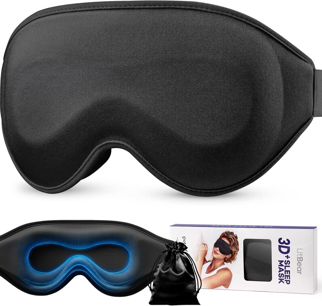 LitBear Long Lash Sleep Mask for Women Men Side Sleeper, 3D Contoured Light Blocking Sleeping Mask, Soft Comfortable Eye Mask Sleep with Adjustable Strap, Pouch for Travel, Black