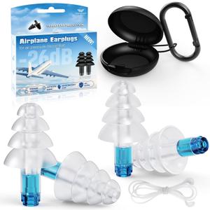 Ear Plugs for Airplane Pressure Relief, 2 Pairs Adults Soft Silicone Reusable Airplane Earplugs 26dB, with Silicone Connector Cord, Travel Essentials for Flying, Ear Protection Earplugs for Plane