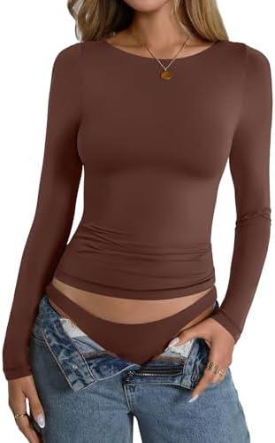 EasyGala Womens Double Lined Long Sleeve Shirts Boat Neck Going Out Tops Trendy Slim Fitted Tees Basic Fall Outfits 2025 L