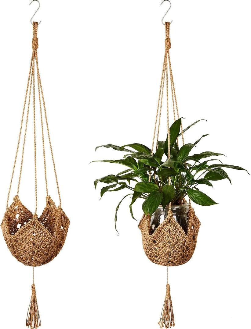 Shappy 2 Packs Jute Crochet Long Plant Hanger for 3 Inch to 12 Inch Pots, Macrame Plant Holder Rope with 2 S Shaped Hooks for Halloween Home Decor(Brown)