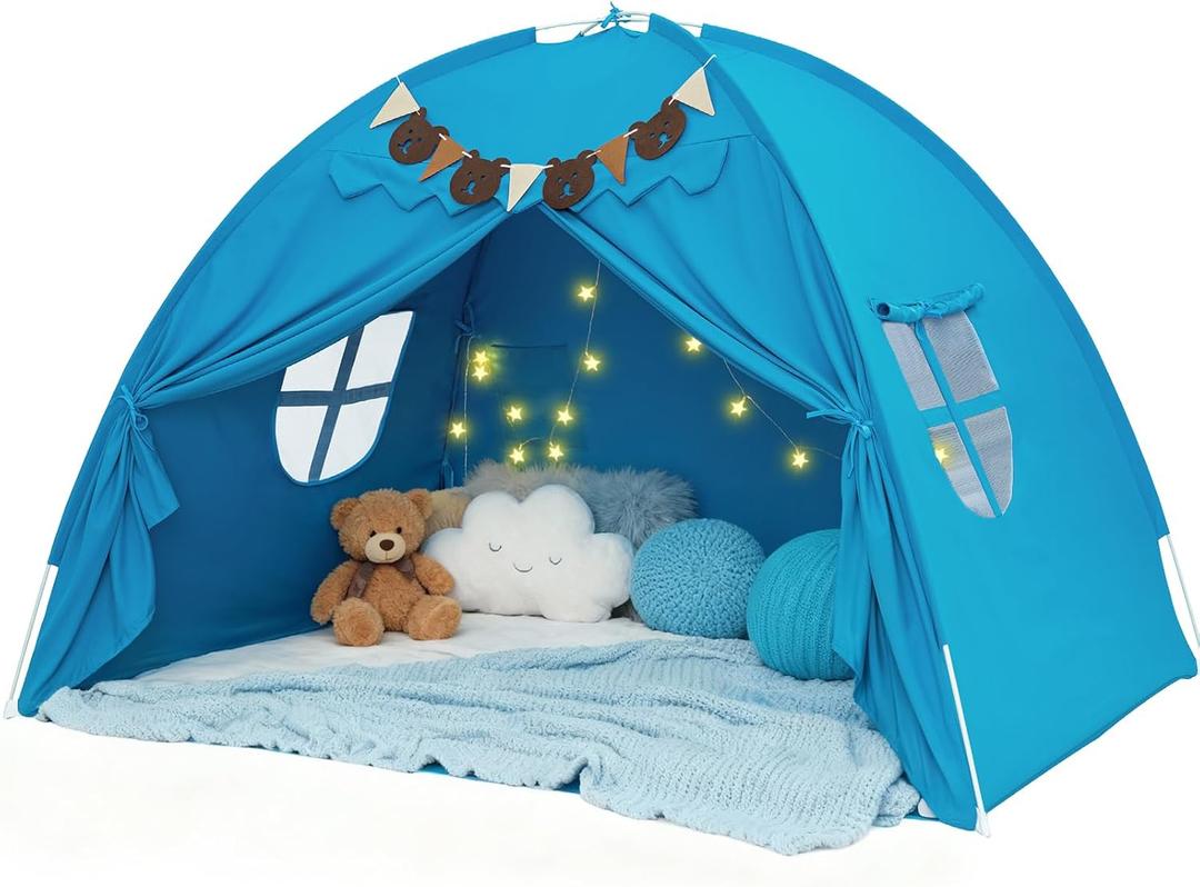 Full Size Bed Tent for Kids, Bed Tent Canopy Dream Playhouse Privacy Space Sleeping Tent with Stars Light & Flags, Toddler Large Floor Play Tent for Boy & Girl, Birthday Children‘s Gift, Blue, 77x55x52"