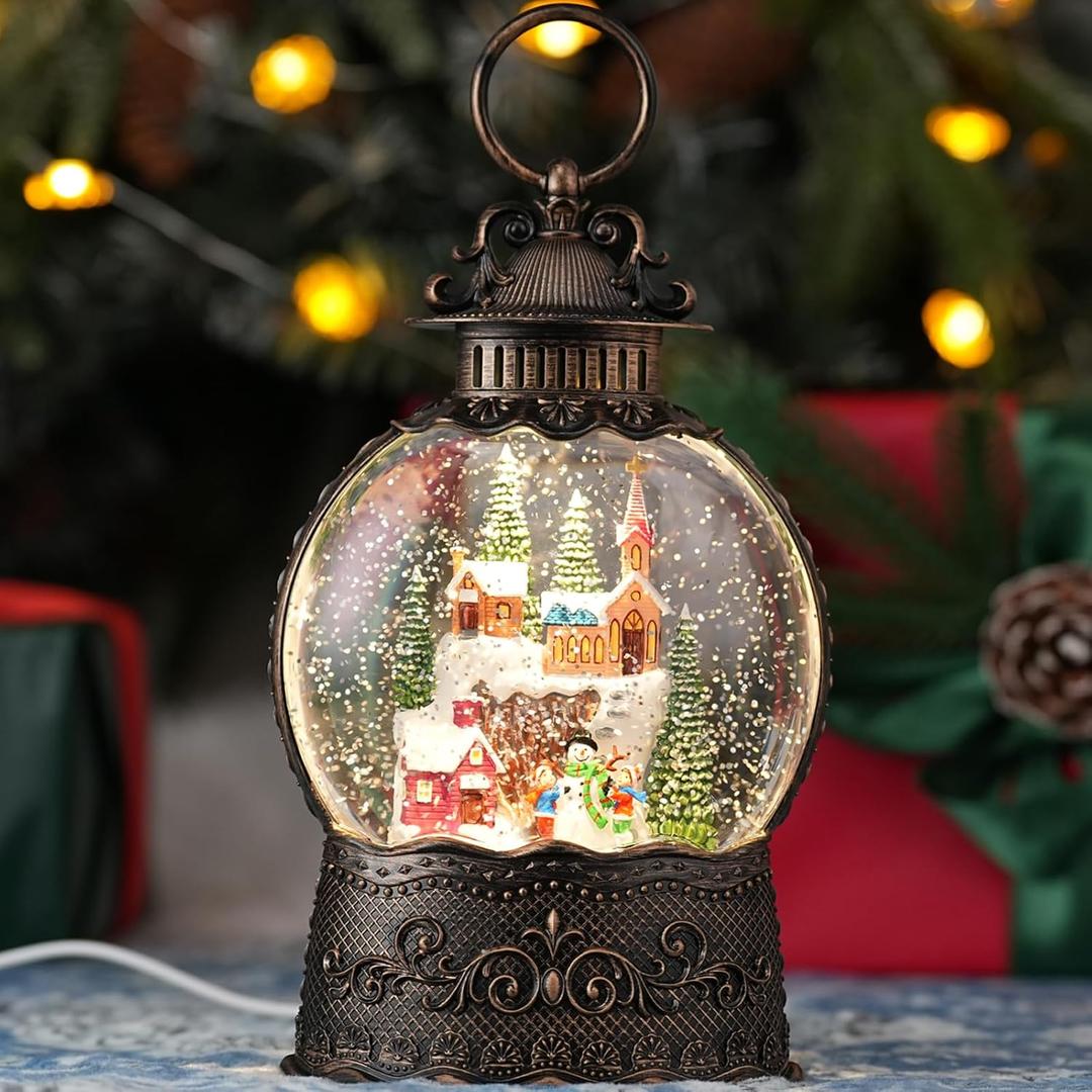 Snow Globe with Village Church Snowman, Light Up Christmas Snow Globes with Music Timer - USB Plug or Battery Operated Glitter Globe Indoor Christmas Decorations