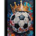 Framed Soccer Ball with Crown Wall Art, Textured Oil Painting Style Sports Canvas Print, King of Football Poster with Solid Wood Frame, Modern Graffiti Wall Decor for Boys Bedroom Bar, 16"L x 24"W