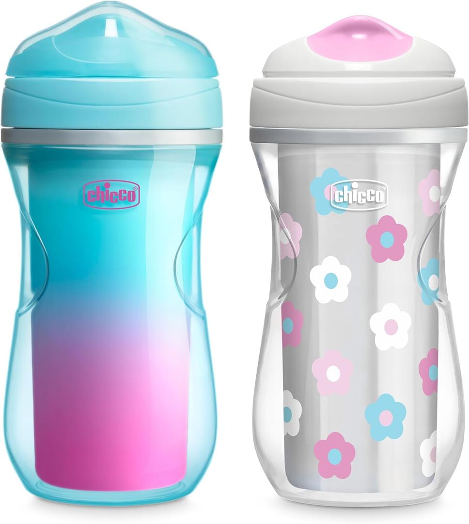 Chicco Insulated Sippy Cup 12+ Months, 9oz Toddler Training Cup with Bite-Resistant No-Spill Rim Spout, Double-Wall, BPA-Free, 2-Pack, Teal/Pink/Floral