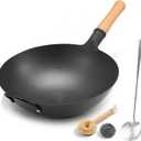 WANGYUANJI 14.2 Inch Round Bottom Carbon Steel Wok, Nitrided Iron Chinese Stir Fry Pan for Gas Wok Burner, Wok Ring Needed for Flat Gas Grates, Wooden Handle