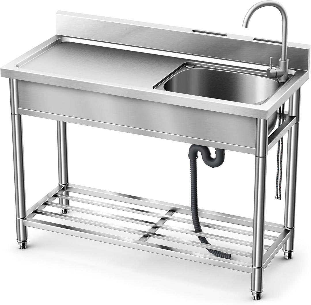 LAFATI Stainless Steel Utility Sink, 304 SUS Free Standing Kitchen Sink Single Bowl With Large Work Station Cold and Hot Water Pipe Undershelf Faucet Drainboard (39 Inch Right Bowl)
