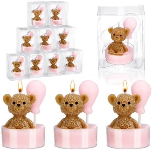 MTLEE 20 Set Bear Baby Shower Candles Favors for Guests, Soy Wax Bear with Balloon Shaped Candles Bulk for Boys Girls Gender Reveal Baby Shower Party Return Gifts(Pink)