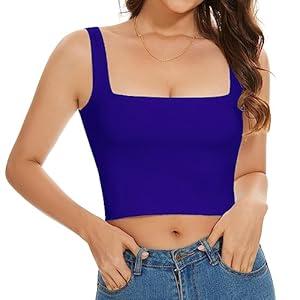 SanxiawaBa Sexy Crop Tops for Women Sleeveless Square Neck Double Layer Tank Cropped Top, Blue, Small