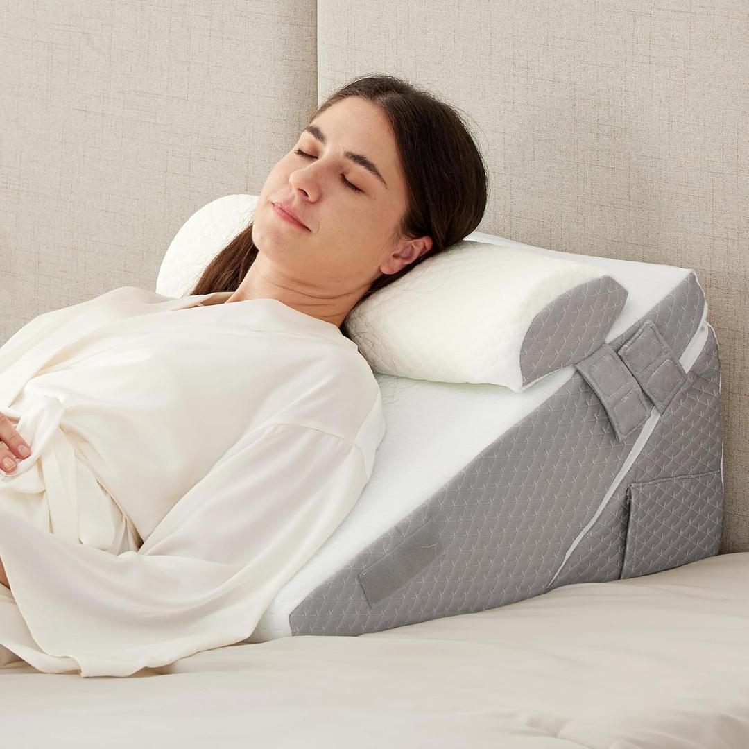 3PCS Wedge Pillow Set for After Surgery, Wedge Pillow Headboard, Adjustable 9&12 Inch Sleeping Wedge, Acid Reflux, Orthopedic Pillow Wedge for Back Pain Relief, Gerd, White/Grey (Adjustable 9&12 Inch + 1 Head Pillow, White/Grey)