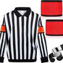 Hicarer Ice Hockey Long Sleeve Striped Referee Shirt Men's Official Referee Costume Orange Red Armbands Finger Grip Whistle S