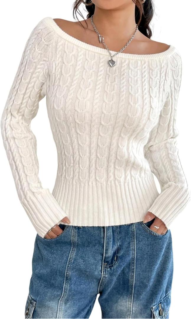 ZAFUL Womens Boat Neck Cable Knit Sweater, Long Sleeve Off Shoulder Ribbed Slim Fit Pullover Tops Cute Fall Outfits 2025 (Small, 1-white)