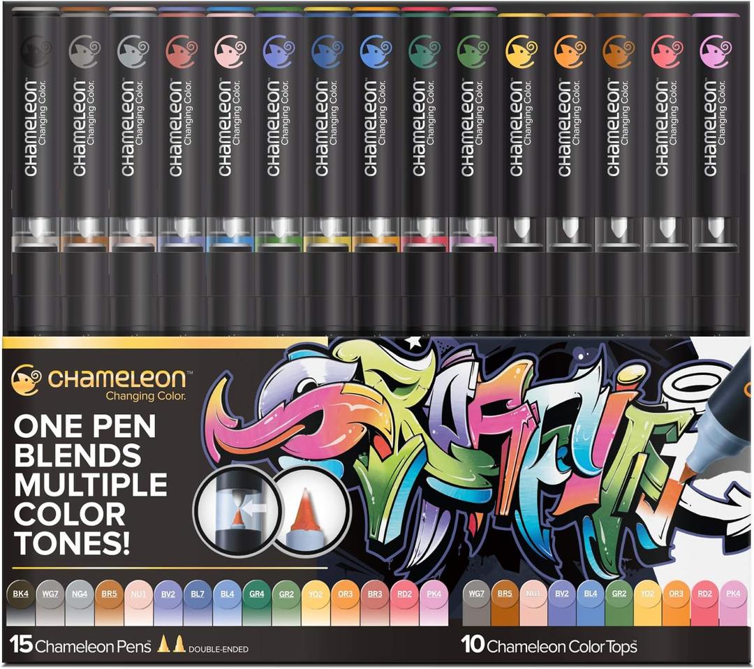 Chameleon Art Pens, 25-Pen Deluxe Set (15 Pens + 10 Color Tops) - Multicolor, 0.3mm Chisel Tip, Ambidextrous, Refillable, Perfect for Drawing, Coloring, Sketching
