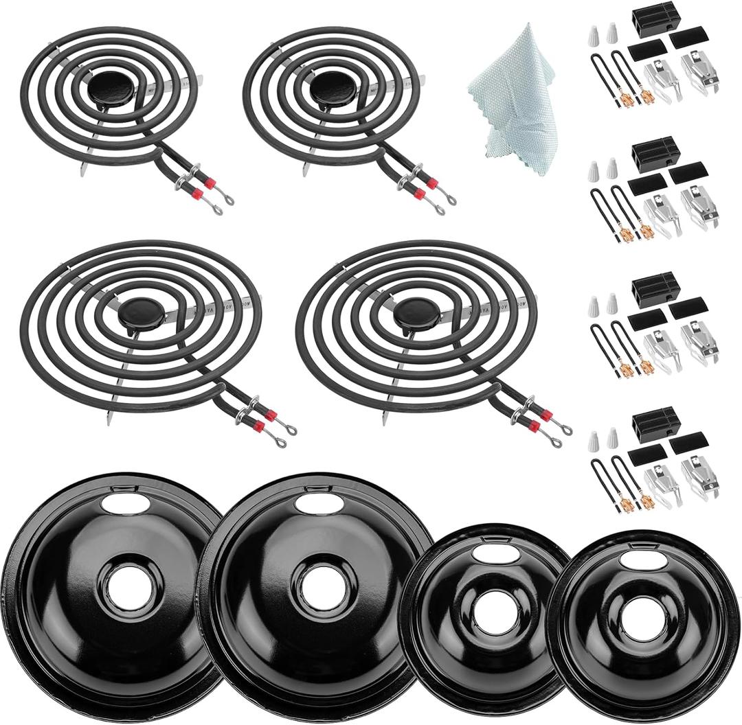 5304430149 5304430150 Porcelain Drip Pan Set & MP22YA Electric Range Burner Element Unit Set with 330031 Range Burner Receptacle Kit Compatible with Frigidaire Kenmore Range Oven/Stove by Cenipar