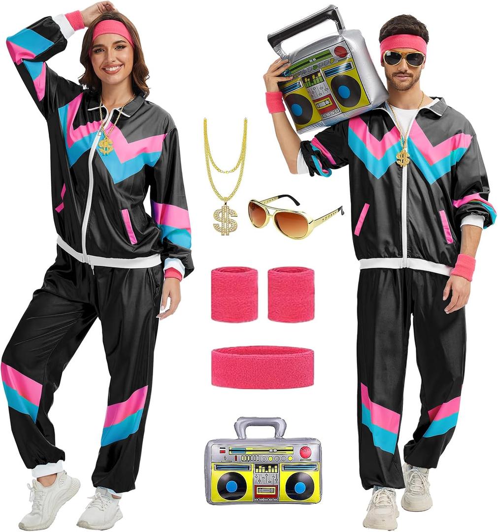 80s Outfit for Men Women-One Set 80s 90s Costumes with Accessories-Couples Track Suits for Halloween Carnival Party (X-Large, Black)