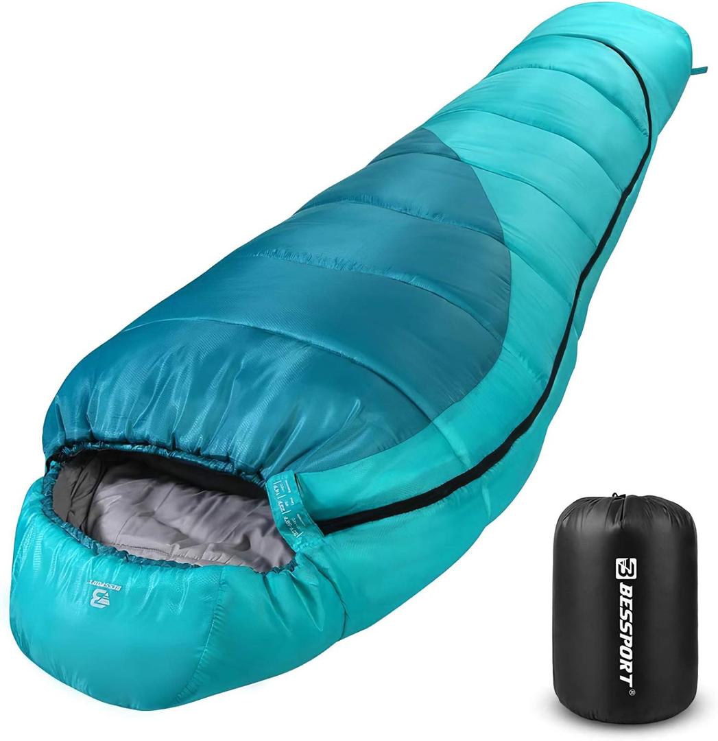 Bessport Mummy Sleeping Bag | 15-45  Extreme 3-4 Season Sleeping Bag for Adults Cold Weather Warm and Washable, for Hiking Traveling & Outdoor Activities (32-green&blue)