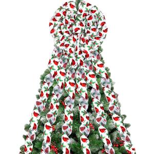 JOYMEMO Red Cardinal Christmas Tree Topper Bow, Cardinal Birds Xmas Tree Wreath Bow Ornaments Wired Edge Ribbon Decorations, Christmas Winter Holiday Party Home Garden Decor