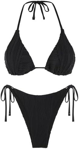 ZAFUL Bikini Sets for Women Halter Two Piece Swimsuit Ribbed High Cut Tie Side Thong Bathing Suit Sexy Padded Swimwear (Large)