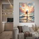 Jesus Walking on Water Canvas Wall Art Christian God Wall Decor Sacred God Walking on Ocean Beach Painting Pictures Religious Posters Prints for Living Room Bedroom Church Home Decorations Framed