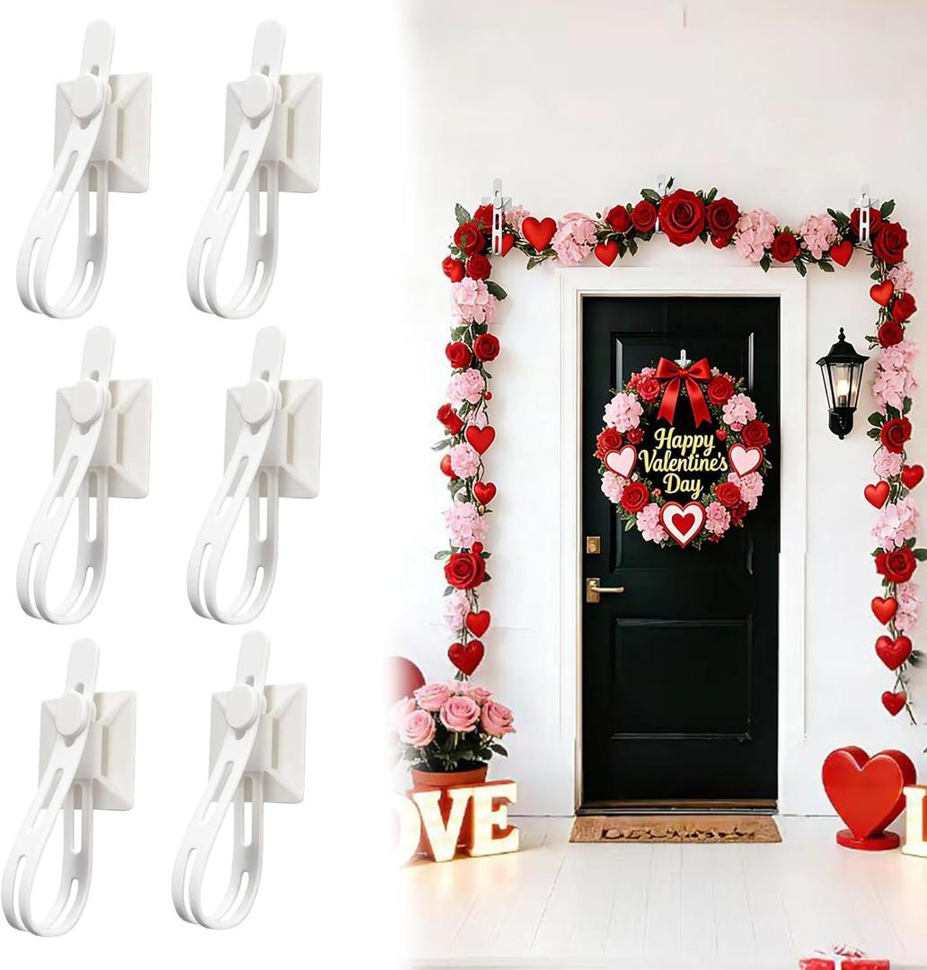 6 PCS Valentine's Day Garland Hangers Garland Ties Cord Bundlers Hanging Cord Organizer, Adjustable Wreath Ties for Door Frame, Mantle, Stretchable & Reusable Silicone Hooks for Fireplace Decoration