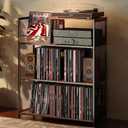 4 Tier Large Record Player Stand, Holds Up to 380-450 Albums Turntable Stand with 4 Adjustable Divider Vinyl Record Cabinet Turntable Stand for Albums DVD Shelf Books Magazines Files